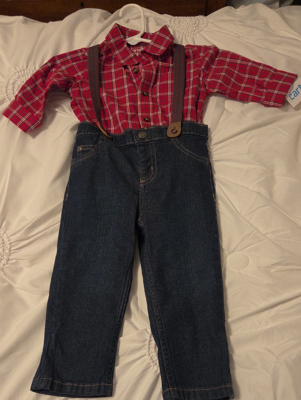 Carter's Red Plaid Shirt with Dark Blue Denim Pants and Brown Suspenders